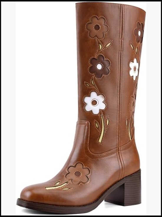 Shoes - Square Toe Chunky Block Heel Knee High Boots Boho Floral Vintage Tall Boots